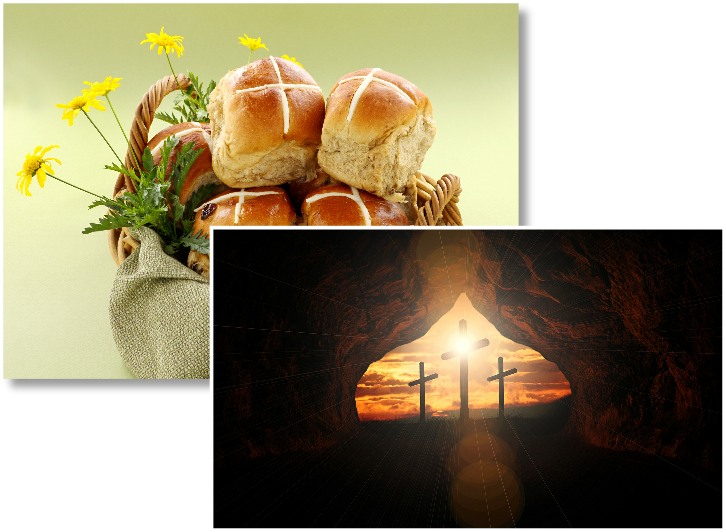 easter-at-market-drayton Two images - some hot cross buns in a basket with some yellow spring flowers. To the bottom right, partially overlaying, is an image of the empty crosses on Calvary from viewed from the empty tomb against a glorious sunrise.