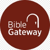 A maroon circle contains the words "Bible Gateway" in white text. A stylized white arch, resembling a gateway, is positioned above the word "Gateway".