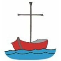 A simple drawing of a red boat with a grey interior, sailing on blue waves. The boat has a single mast with a cross-shaped yardarm.
