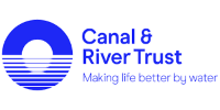 Logo, in blue, of the Canal & River Trust, featuring a stylised water design and the text "Canal & River Trust" with "Making life better by water" underneath