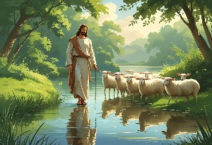 An image of Jesus in a still river having led a flock of sheep there.