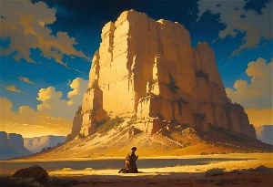 "The Lord is my rock". A picture of a person on their knees praying in front of a large rock.