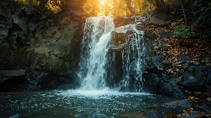 The "Living Waters of Christ" - a flowing waterfall with autumnal sunlight behind.