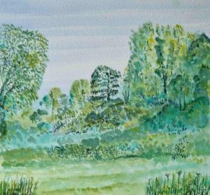 A watercolour of a beautiful green landscapr of grass, trees and bushes.