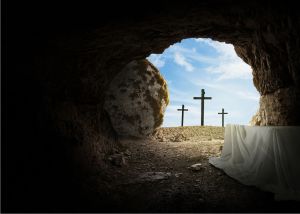 The message of Easter: The empty crosses viewed from the empty grave.