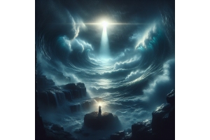 Promises: A person in the midst of a storm with raging waves on either side, and the moon, casting a calming cross-like light.